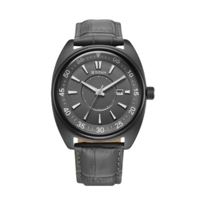 Titan Classique Tonneau 90211QL02 Grey Dial Leather Strap Analog Men Watch